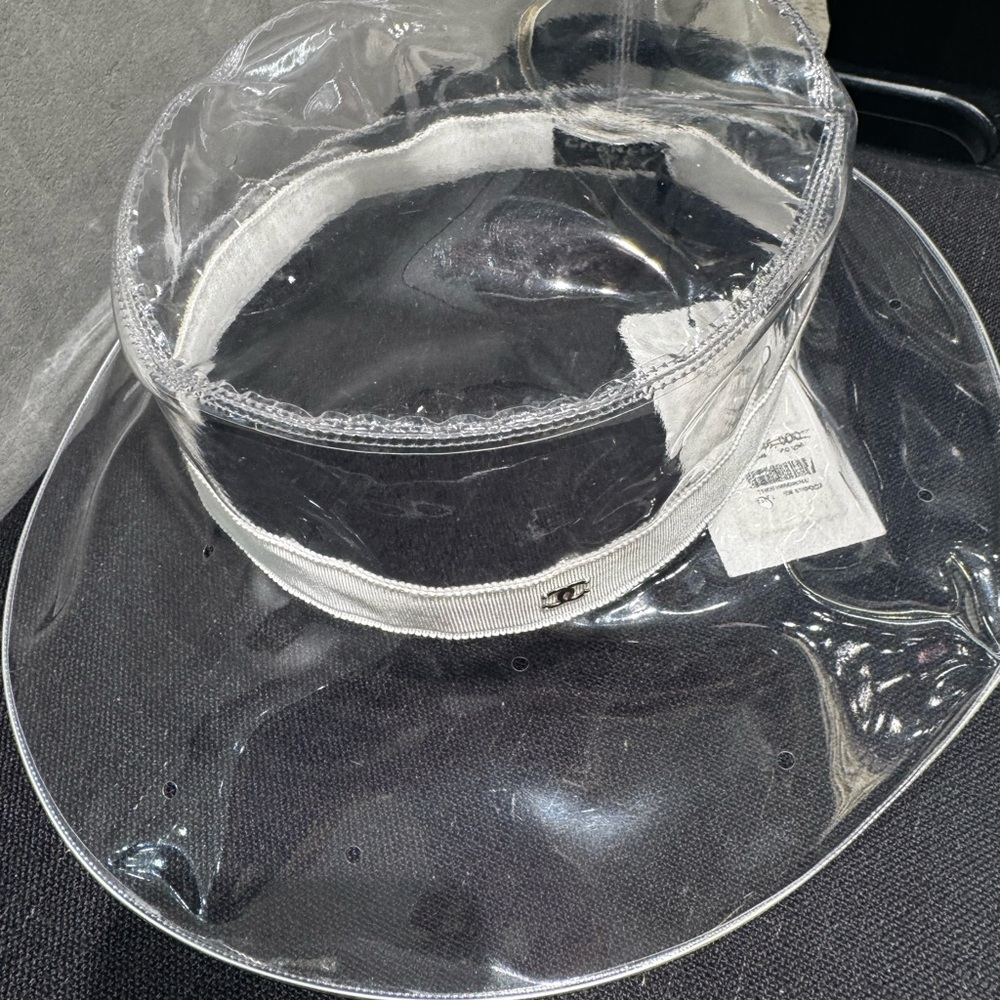 Chanel Runway CC Clear Rain PVC Clear Vinyl Wide-Brim Hat with Ivory Band - Picture 13 of 16